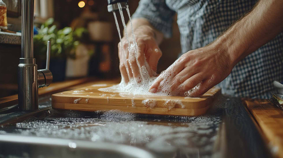 Reinigung eines Schneidebretts über dem Spülbecken